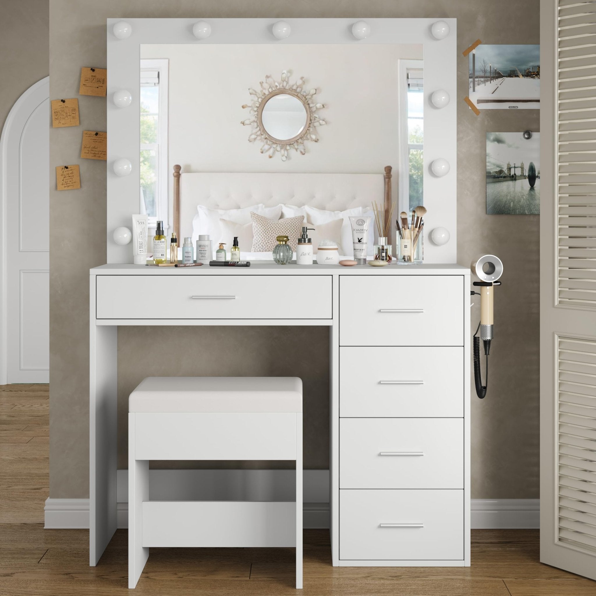5-Drawer LED Mirror Vanity Desk - Vektaya