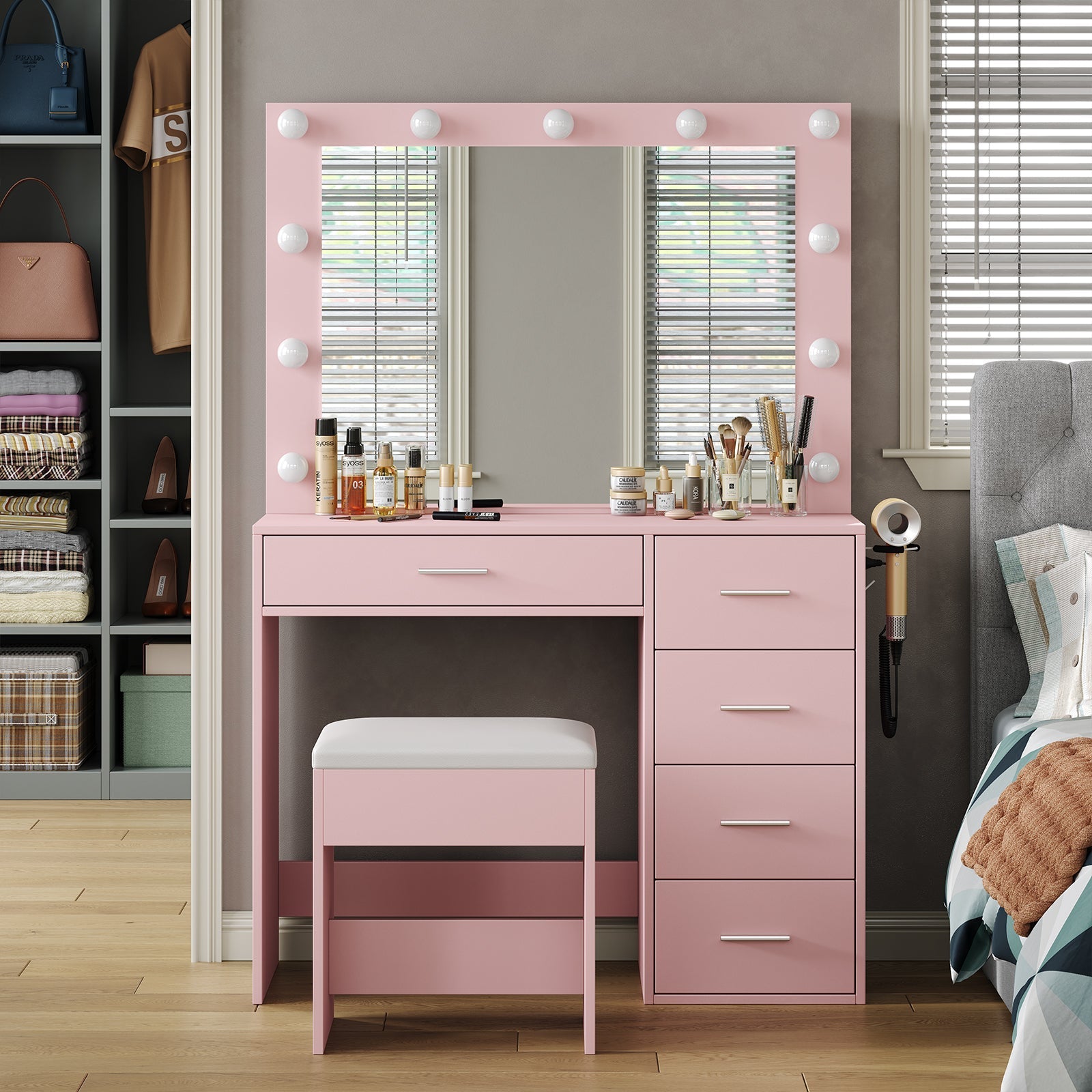 5-Drawer LED Mirror Vanity Desk - Vektaya